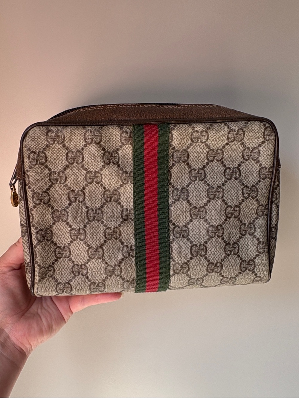 Gucci GG Supreme Toiletry Case w/ Red and Green Web Stripe